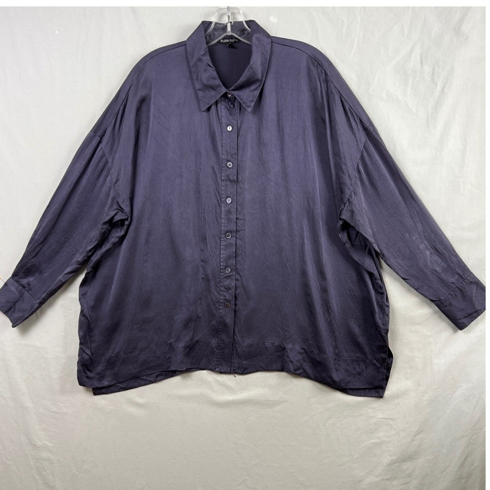 Eileen Fisher Silk Button Down Shirt Women M Purple Oversized Long Sleeve